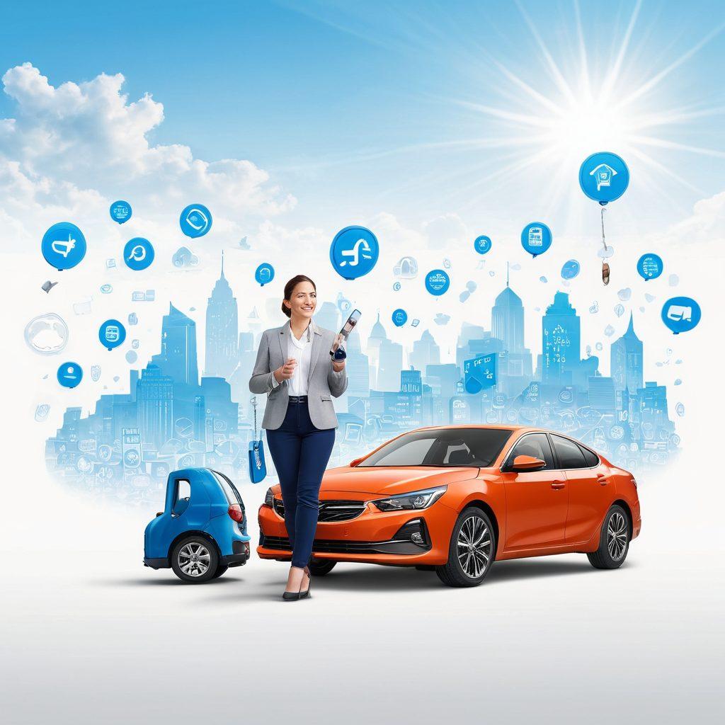 A confident person standing in front of a car with keys in hand, surrounded by floating icons representing discounts, coverage options, and policy benefits. A vibrant city backdrop illustrating affordability and safety, with a blue sky and sunlight streaming through. Emphasize a feeling of empowerment and knowledge. super-realistic. vibrant colors. white background.